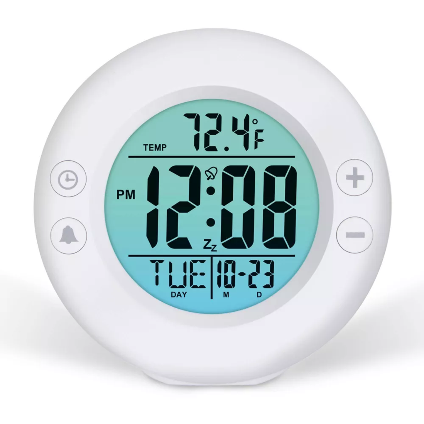 Round Multifunctional Digital Alarm Clock, Backlit Lcd Timer With Temperature And Date Readout
