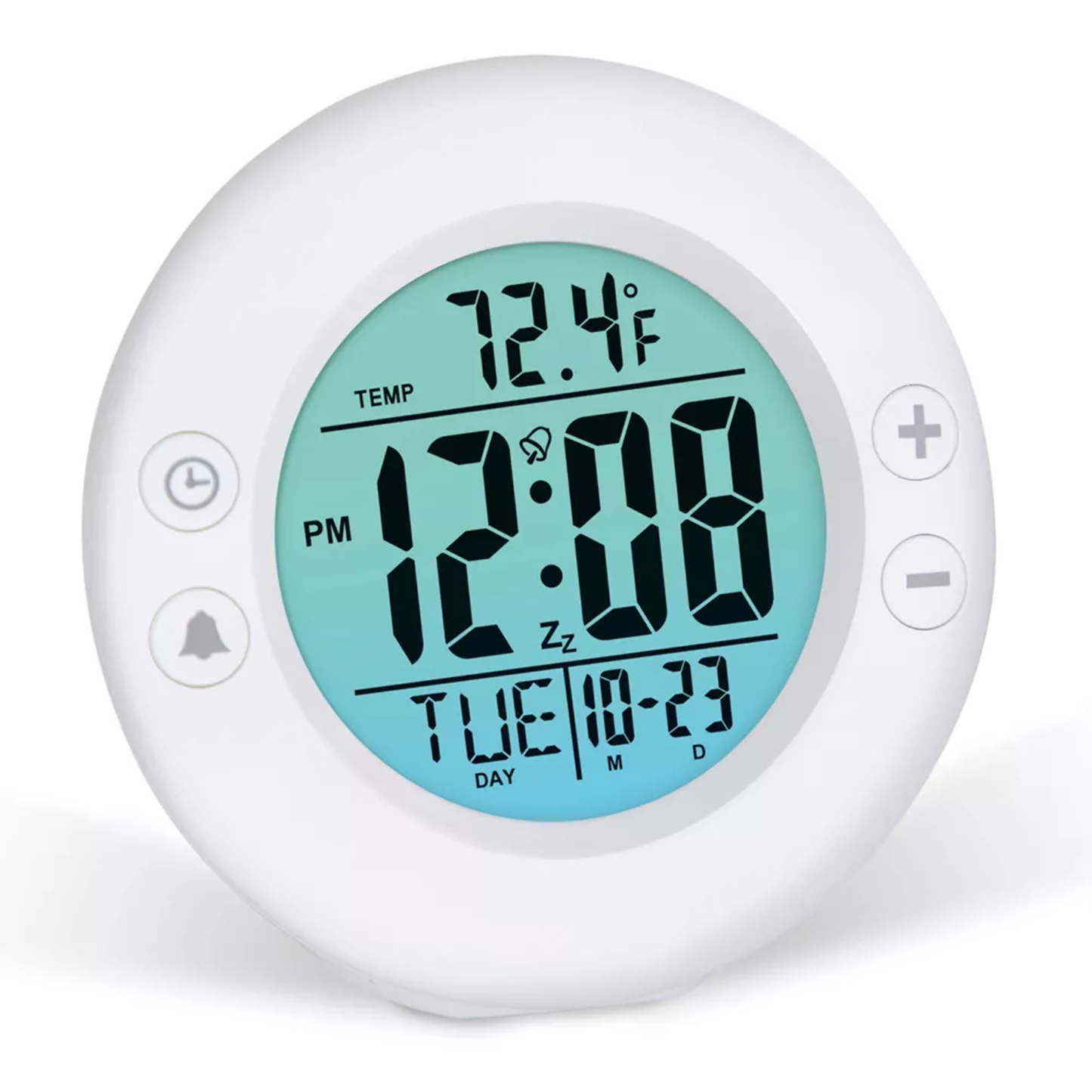 Round Multifunctional Digital Alarm Clock, Backlit Lcd Timer With Temperature And Date Readout
