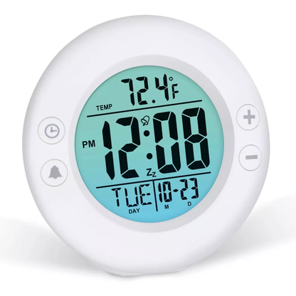 Round Multifunctional Digital Alarm Clock, Backlit Lcd Timer With Temperature And Date Readout