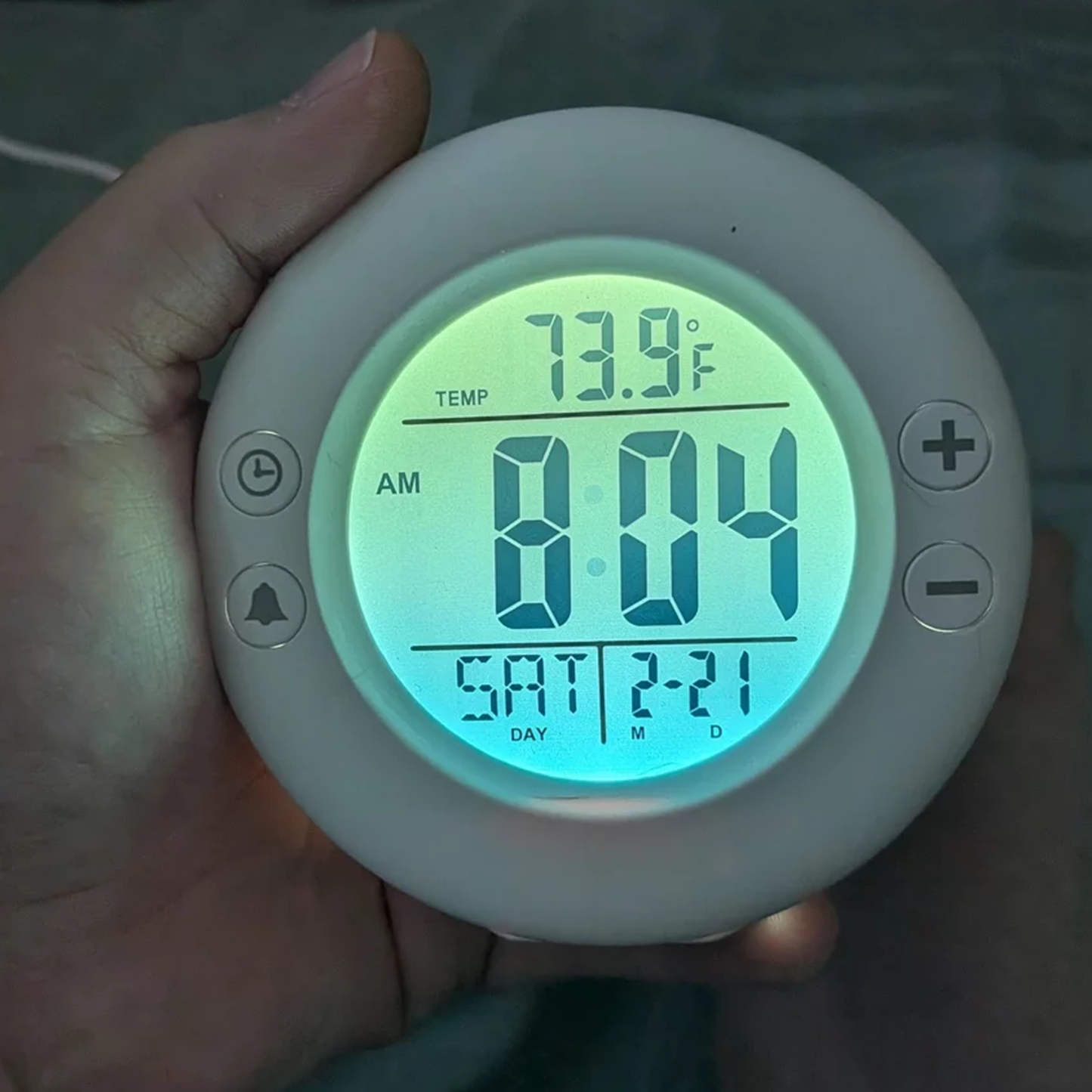 Round Multifunctional Digital Alarm Clock, Backlit Lcd Timer With Temperature And Date Readout
