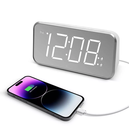 Mirror Surface Led Digital Alarm Clock, Large Screen Dual Wake-Up Timer With Device Charging Interface